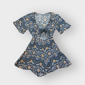 ILLA ILLA Blue Yellow Daisy Floral Tie Cutout Romper - Boho Chic - 100% Rayon